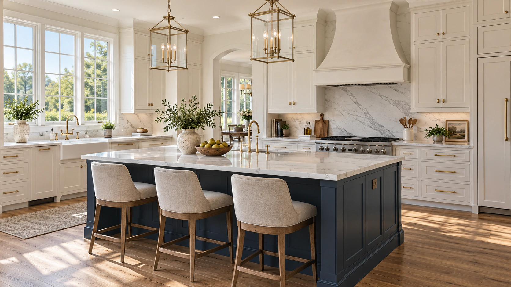 A white kitchen with a navy island, brass lanterns, and counter stools