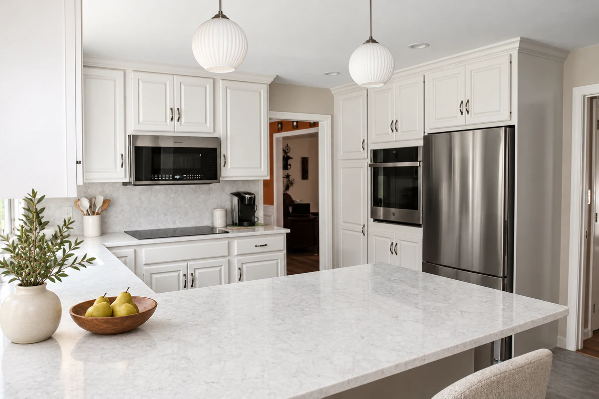 A refreshed kitchen with quartz counters and white cabinets